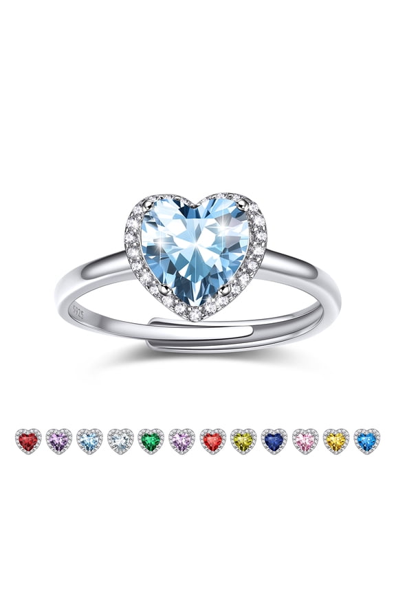 925 Sterling Silver Heart Rings for Women Sparkle Open Band Ring March Created Aquamarine Rings Valentines Day Gift Size 6-12
