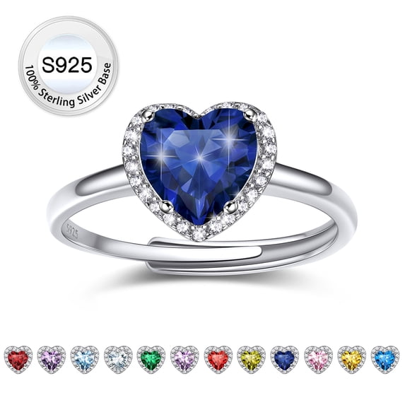 Bestyle Pure S925 Sterling Silver Heart Rings for Women Sparkle Open Band Ring September Created Sapphire Rings Mother's Day Gift Size 6-12
