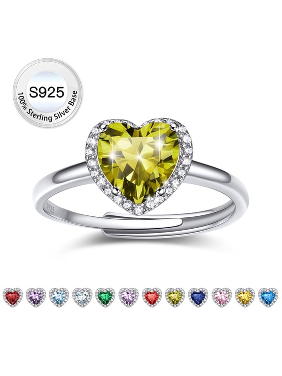 Pure S925 Sterling Silver Heart Rings for Women Sparkle Open Band Ring August Created Peridot Rings Mother's Day Gift Size 6-12