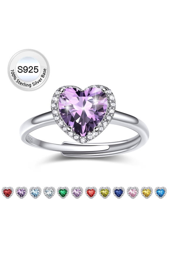 Pure S925 Sterling Silver Heart Rings for Women Sparkle Open Band Ring February Created Amethyst Rings Mother's Day Gift Size 6-12