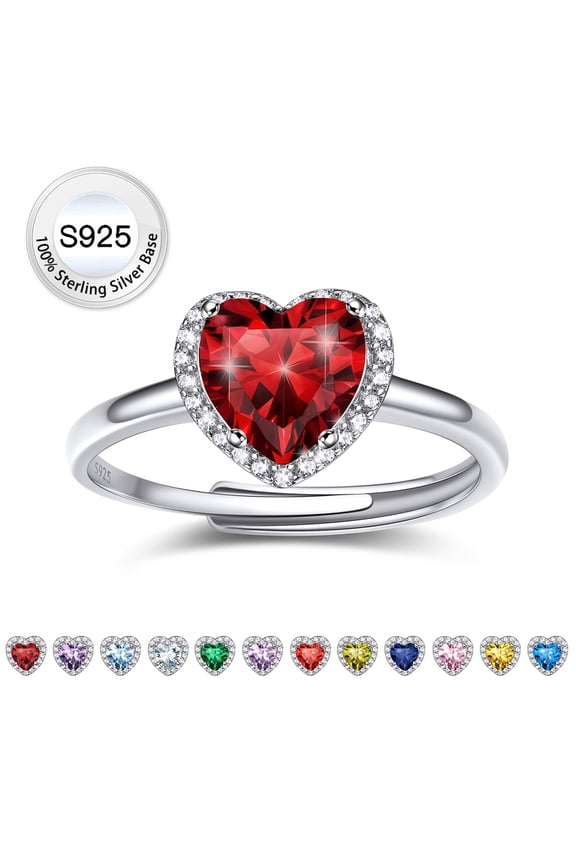 Pure S925 Sterling Silver Heart Rings for Women Sparkle Open Band Ring January Created Garnet Rings Mother's Day Gift Size 6-12
