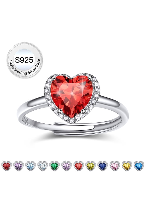 Pure S925 Sterling Silver Heart Rings for Women Sparkle Open Band Ring July Created Ruby Rings Mother's Day Gift Size 6-12