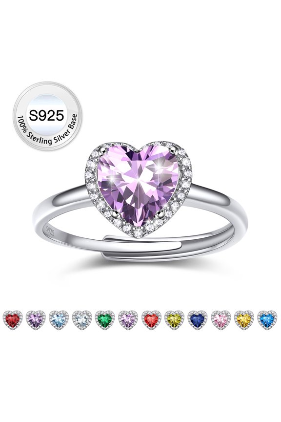 Pure S925 Sterling Silver Heart Rings for Women Sparkle Open Band Ring June Created Alexandrite Rings Mother's Day Gift Size 6-12