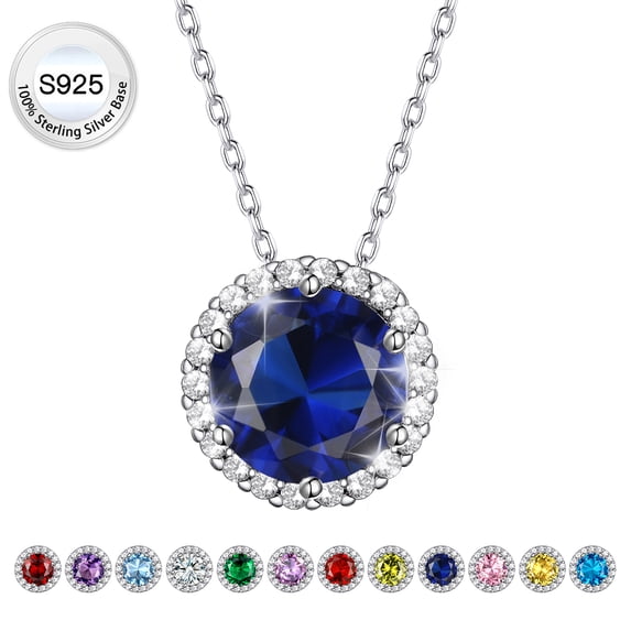 Bestyle Pure 925 Sterling Silver Love Round Cut Diamond Necklaces, Cubic Zirconia Choker Blue Sapphire Birthstone Pendant for Women Valentines's Day Gifts