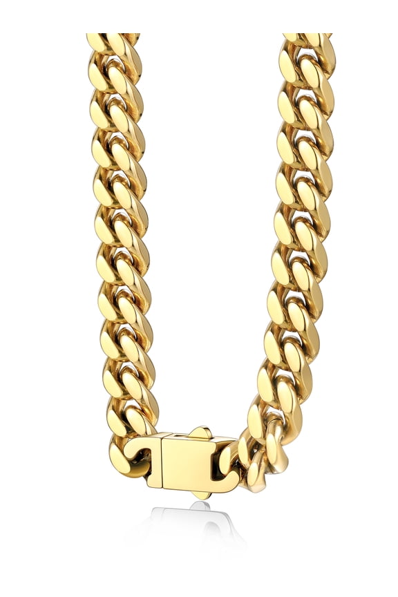 9mm Gold Plated Miami Cuban Curb Chains Solid Heavy Stainless Steel Rapper Chain Necklace for Men Dad Husband Son, 20 Inch