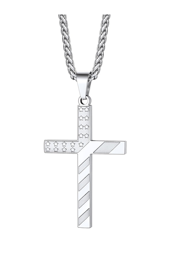 American Flag Cross Pendant Necklace for Men Stainless Steel Chain Necklace First Communion Religious Jewelry Gifts