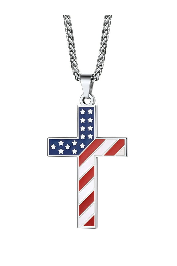 American Flag Patriotic Cross Necklace for Men Stainless Steel Cross Pendant Necklace Religious Jewelry Gifts for Dad Son Brother