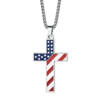 Bestyle American Flag Patriotic Cross Necklace for Men Stainless Steel Cross Pendant Necklace Religious Jewelry Gifts for Dad Son Brother