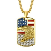 Bestyle American Flag Patriotic Necklace Shiny CZ Bald Eagle Necklace for Men Women, Gold Plated Stainless Steel Dog Tag Pendant with Spiga Chain