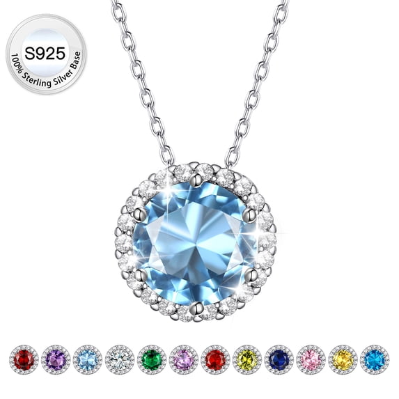 Bestyle Birthstone Necklace for Women Pure 925 Sterling Silver Necklaces March Round Blue Aquamarine Crystal Pendant Gifts for Everyday Wear Mother's Day