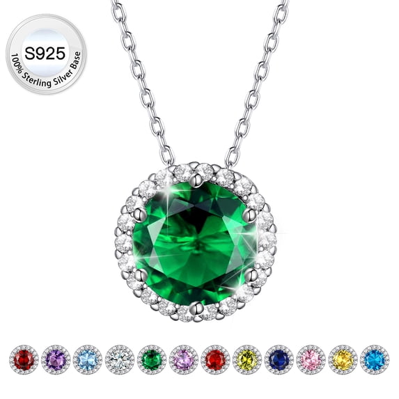 Bestyle Birthstone Necklace for Women Pure 925 Sterling Silver Necklaces May Round Green Emerald Crystal Pendant Gifts for Everyday Wear Valentines's Day