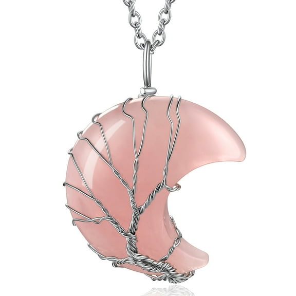 Bestyle Birthstone Necklace for Women Gilrs Tree of Life Crescent Moon Pendant Necklace Nature Rose Quartz Healing Crystal Necklaces October