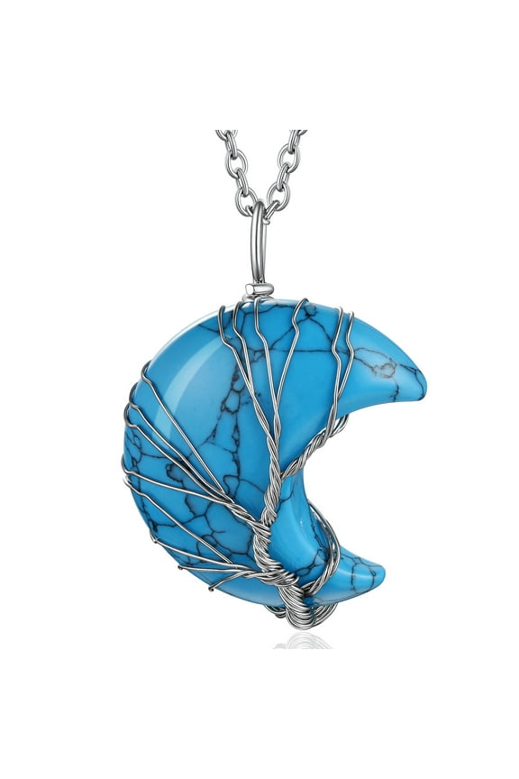 Birthstone Necklace for Women Tree of Life Moon Pendant Synthetic Blue Turquoise Healing Crystal Necklaces December Mother's Day Gifts