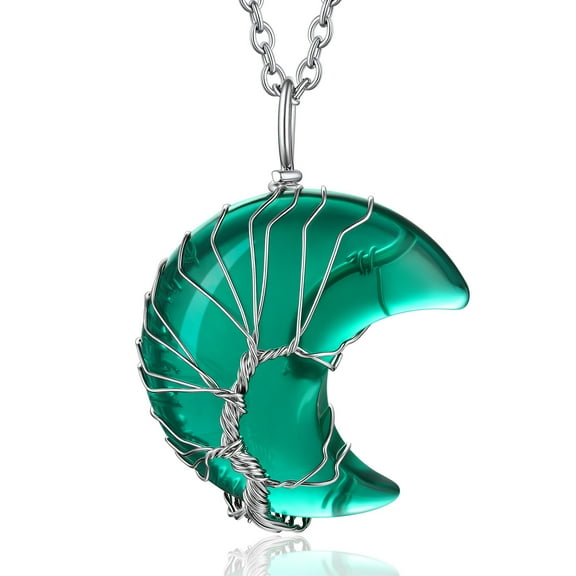 Bestyle Birthstone Necklace for Women Gilrs Tree of Life Crescent Moon Pendant Necklace Synthetic Green Emerald Healing Crystal Necklaces May