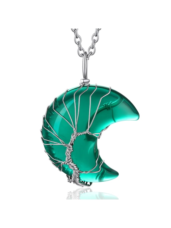 Birthstone Necklace for Women Tree of Life Moon Pendant Synthetic Green Emerald Healing Crystal Necklaces May Christmas Jewelry Gifts