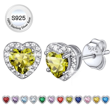 Bestyle Birthstone Stud Earrings for Women, 925 Sterling Silver Heart Created Diamond Studs Earrings Wedding Graduation Birthday Gifts - August