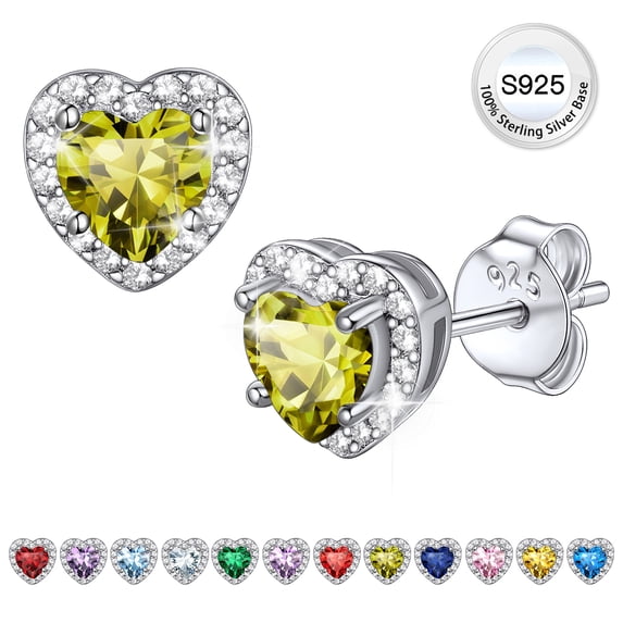 Bestyle Birthstone Stud Earrings for Women, 925 Sterling Silver Heart Created Diamond Studs Earrings Valentines Day/Birthday Gifts - August