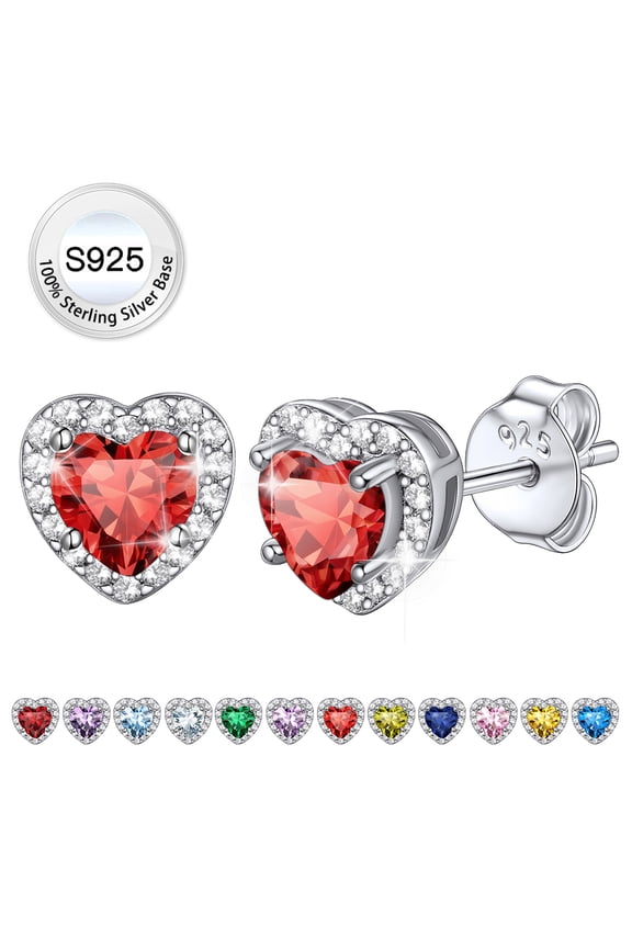 Birthstone Stud Earrings for Women, 925 Sterling Silver Heart Created Diamond Studs Earrings Wedding Graduation Birthday Gifts - July