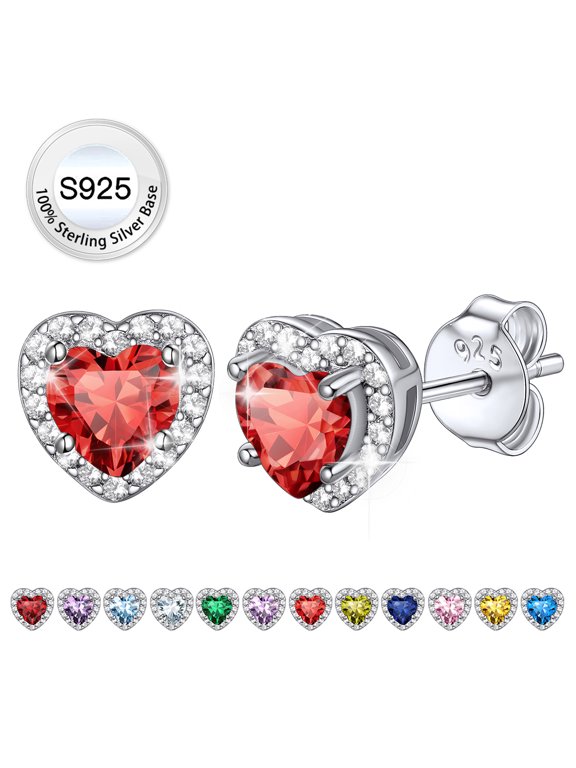Birthstone Stud Earrings for Women, 925 Sterling Silver Heart Created Diamond Earrings Wedding Christmas Birthday Gifts - July