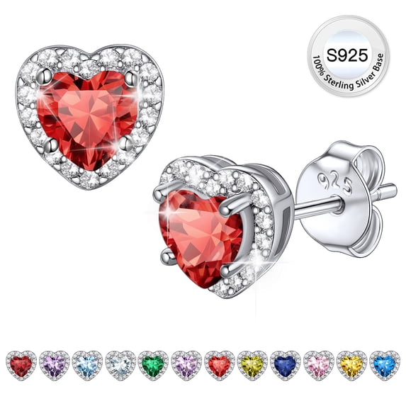 Bestyle Birthstone Stud Earrings for Women, 925 Sterling Silver Heart Created Diamond Studs Earrings Valentines Day/Birthday Gifts - July