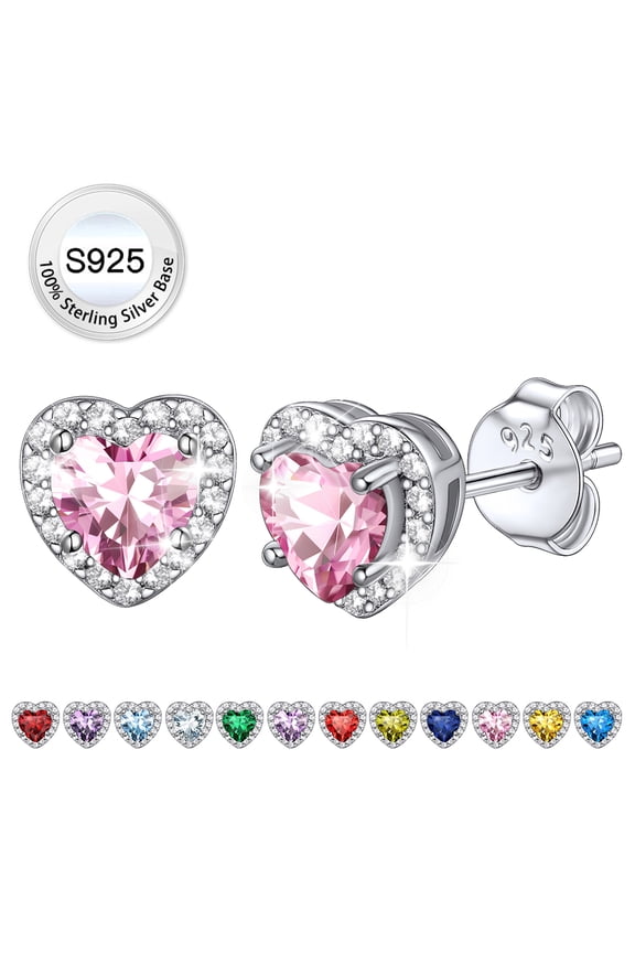 Birthstone Stud Earrings for Women, 925 Sterling Silver Heart Created Diamond Studs Earrings Mother's Day/Birthday Gifts - October