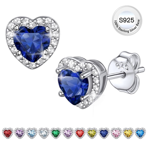 Bestyle Birthstone Stud Earrings for Women, Pure 925 Sterling Silver Heart Created Diamond Studs Earrings Valentines Day/Birthday Gifts - September