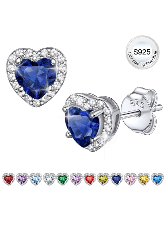 Birthstone Stud Earrings for Women, Pure 925 Sterling Silver Heart Created Diamond Studs Earrings Valentines Day/Birthday Gifts - September