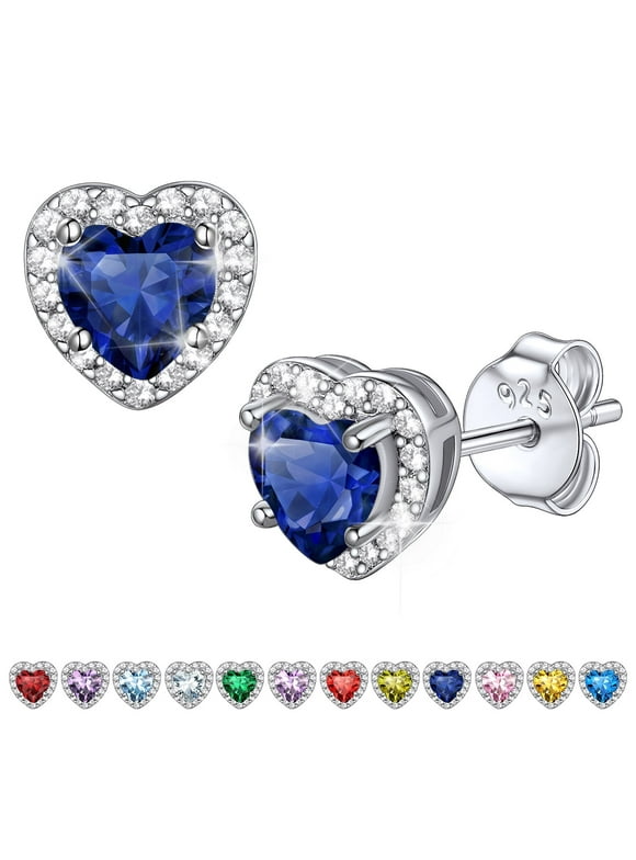Birthstone Stud Earrings for Women, 925 Sterling Silver Heart Created Diamond Studs Earrings Christmas/Birthday Gifts - September