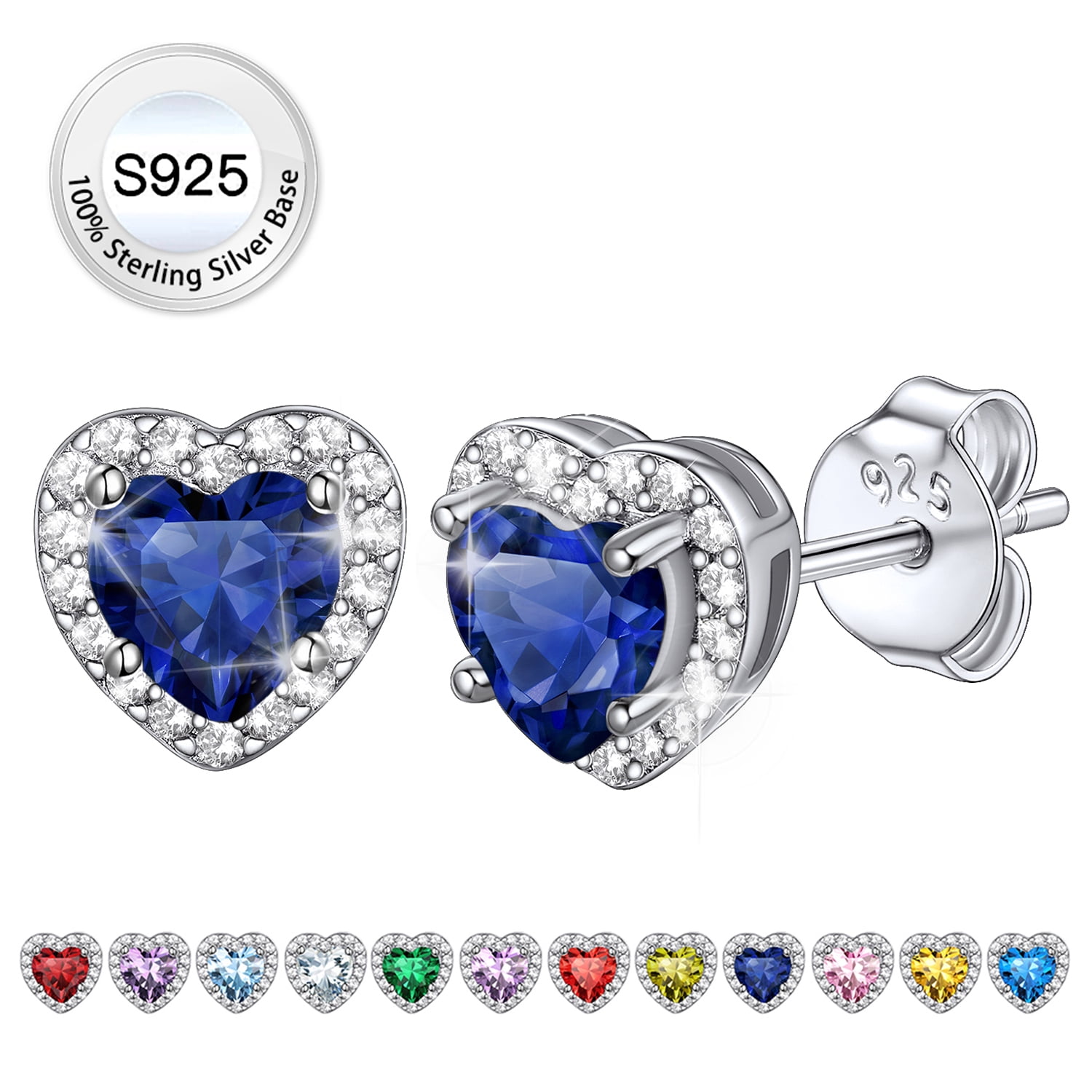 Bestyle Birthstone Stud Earrings for Women, Pure 925 Sterling Silver Heart Created Diamond Studs Earrings Wedding Graduation Birthday Gifts - September