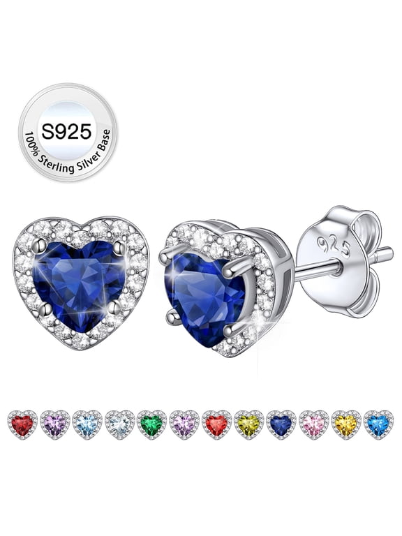 Birthstone Stud Earrings for Women, Pure 925 Sterling Silver Heart Created Diamond Earrings Wedding Christmas Birthday Gifts - September