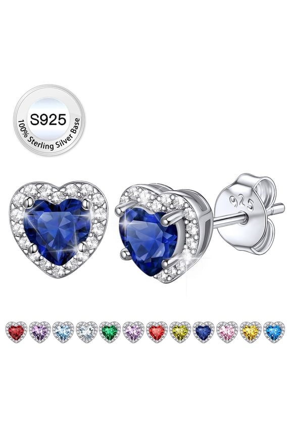 Birthstone Stud Earrings for Women, Pure 925 Sterling Silver Heart Created Diamond Studs Earrings Mother's Day/Birthday Gifts - September