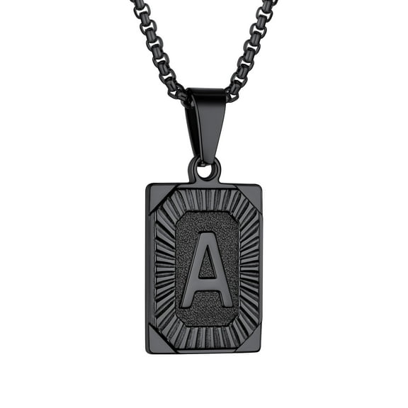 Bestyle Black Dog Tag Necklace for Mens Letter A Stainless Steel Box Chain Name Statement Christmas Jewelry Gifts for Son Dad Husband