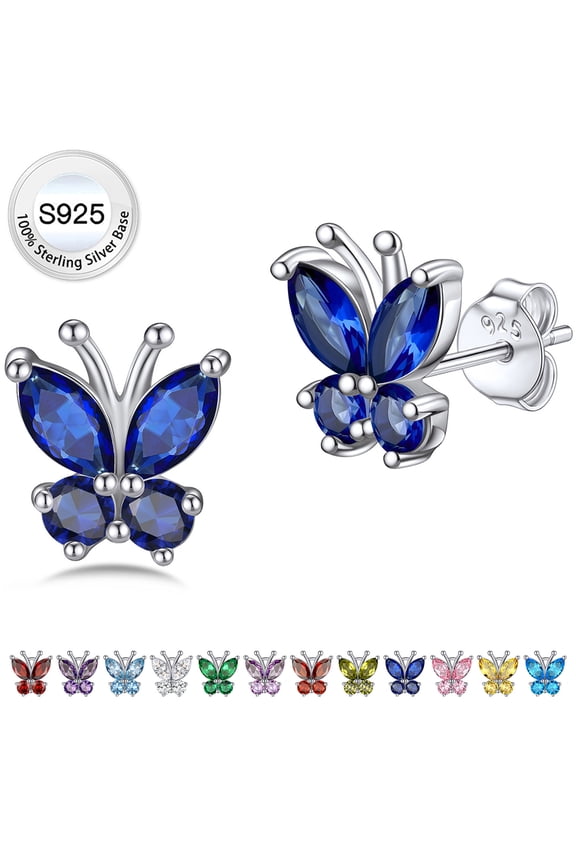 Blue Sapphire Crystal Butterfly Earring Studs Cute Shiny Pure 925 Sterling Silver Birthstone Earrings for Granddaughter Niece Sister - September