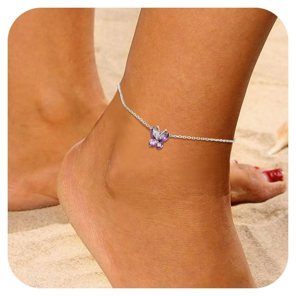Bestyle Butterfly Anklet Bracelets for Women Synthetic Alexandrite June Silver Anklet Summer Beach Foot Jewelry Gifts for Birthday Christmas