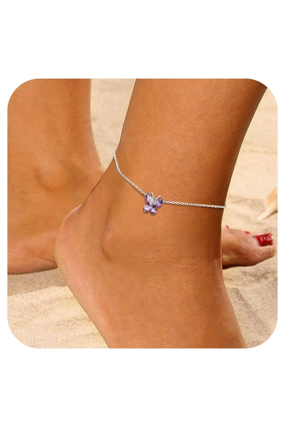Butterfly Anklet Bracelets for Women Synthetic Alexandrite June Silver Anklet Summer Beach Foot Jewelry Gifts for Birthday Christmas