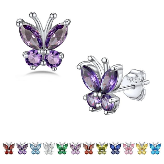 Bestyle Butterfly Earrings Women Cute Sterling Silver Stud Earrings February Synthetic Amethyst Birthstone Crystal Jewelry for Butterfly Lovers