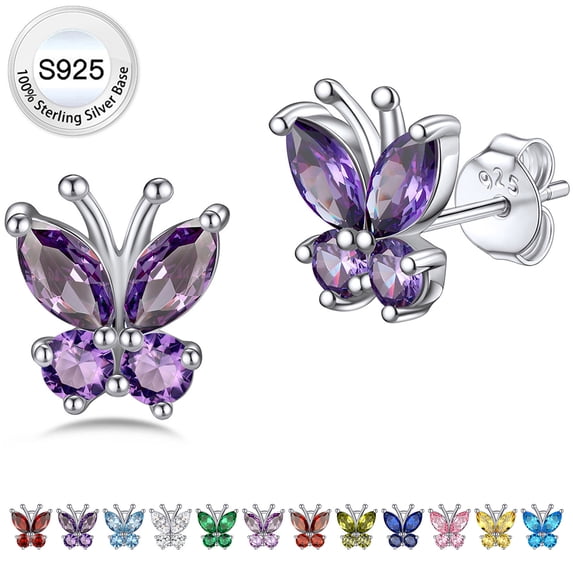 Bestyle Butterfly Earrings Cute Pure 925 Sterling Silver Stud Earrings February Synthetic Amethyst Birthstone Birthday Graduation Gifts for Women