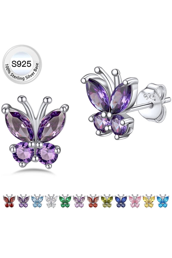 Butterfly Earrings Cute Pure 925 Sterling Silver Stud Earrings February Synthetic Amethyst Birthstone Birthday Mother's Day Gifts for Women