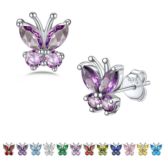 Bestyle Butterfly Earrings Women Cute Sterling Silver Stud Earrings June Synthetic Alexandrite Birthstone Crystal Jewelry for Butterfly Lovers