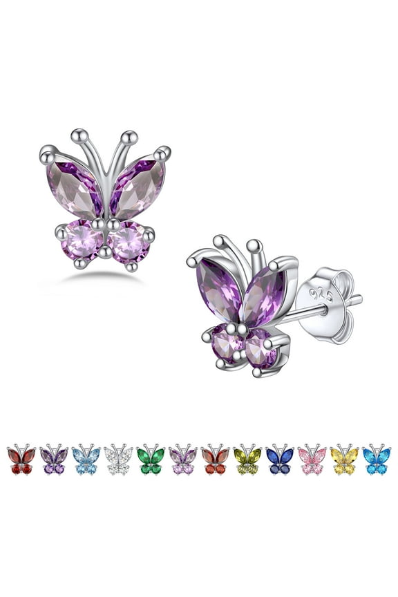 Butterfly Earrings Women Cute Sterling Silver Stud Earrings June Synthetic Alexandrite Birthstone Crystal Jewelry for Butterfly Lovers