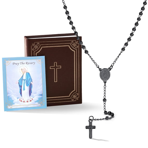 Bestyle Catholic Rosary Beads Necklace for Women Men with Bible Verse Package, 4mm Black Virgin Mary Cross Necklace