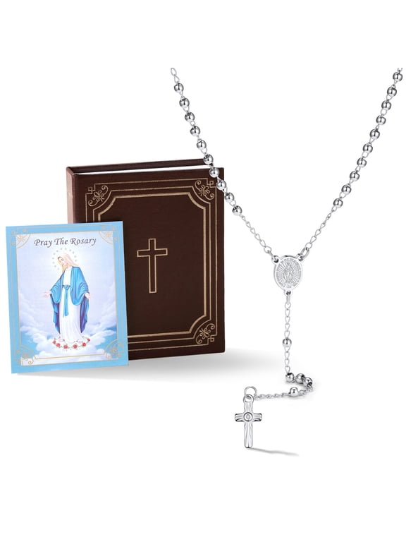 Catholic Rosary Beads Necklace for Women Men with Bible Verse Package, 4mm Stainless Steel Virgin Mary Cross Necklace Religious Keepsake Gift
