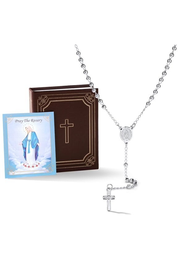 Catholic Rosary Beads Necklace for Women Men with Bible Verse Package, 4mm Stainless Steel Virgin Mary Cross Necklace Religious Keepsake Gift