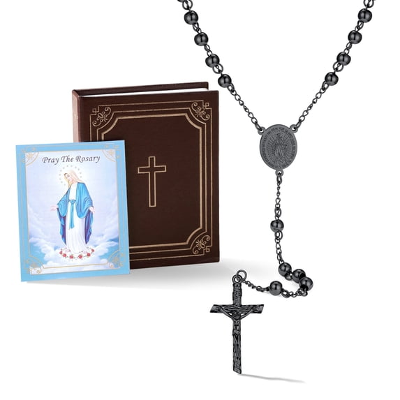 Bestyle Catholic Rosary Beads Necklace for Women Men with Bible Verse Package, 6mm Black Virgin Mary Curcifix Cross Necklace