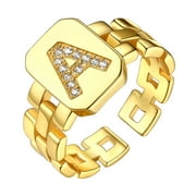 BESTYLE Gold Plated Initial Ring for Women Chain Open Rings with Cubic Zirconia Letter A Adjustable Finger Ring Birthday Christmas Gift