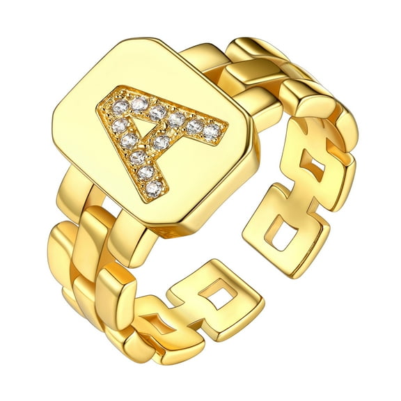 Bestyle Gold Plated Initial Ring for Women Chain Open Rings with Cubic Zirconia Letter A Adjustable Finger Ring Birthday Christmas Gift