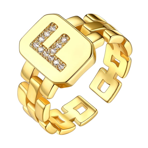 Bestyle Gold Plated Initial Ring for Women Chain Open Rings with Cubic Zirconia Letter F Adjustable Finger Ring Birthday Christmas Gift