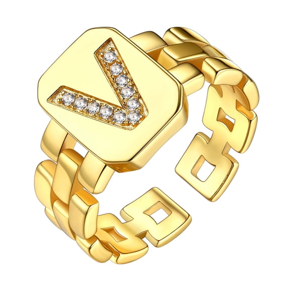 Bestyle Gold Plated Initial Ring for Women Chain Open Rings with Cubic Zirconia Letter Adjustable Finger Ring Birthday Christmas Gift, V