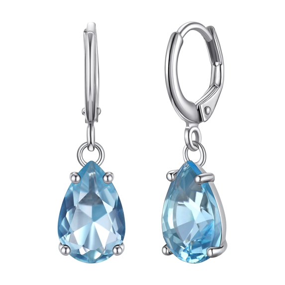 Bestyle Created Aquamarine Dangle Earrings Women Sterling Silver Hoop Earrings Teardrop Birthstone Ear Charms for Wedding Birthday Everyday Wear