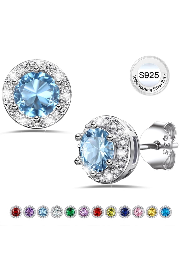 Created Diamond Earrings for Women, Pure 925 Sterling Silver Stud Earrings with Round Blue Aquamarine March Crystal Birthstone Jewelry
